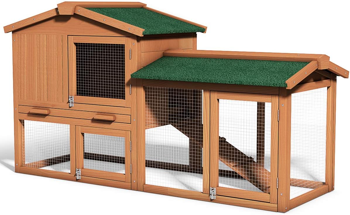 58" Wooden Chicken Coop with Nesting Box & Tray, Outdoor Rabbit Hutch (58x21x34)
