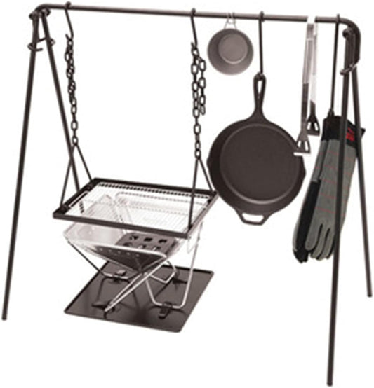 Grill Swing Campfire Cooking Stand with Hooks & Carry Bag - Black