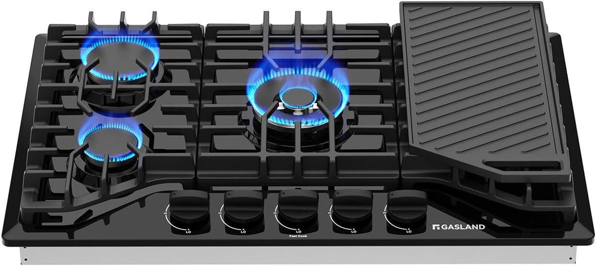 30" Professional 5-Burner Gas Range, Cast Iron Griddle/Grill, NG/LPG Convertible 120V (Black, CSA Certified)