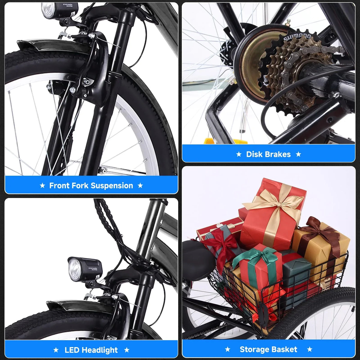 26 Inch Adult 3 Wheel Electric Tricycle with Basket, Fat Tires,7 Speeds,350W Powerful Motor, 36V 10Ah Removable Battery ���ゆ�� Dark Gray