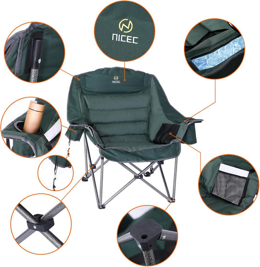 Oversized XL C-Camp Chair, 400lbs Capacity, Cushion, Cup Holder & Cooler Bag (Green, 2-Pack)