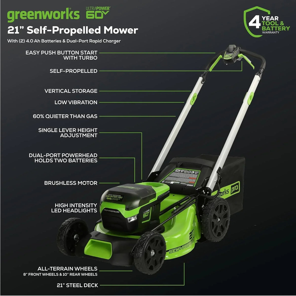 60V 21" Cordless Self-Propelled Lawn Mower, 2 x 4.0Ah Batteries & Dual Port Rapid Charger