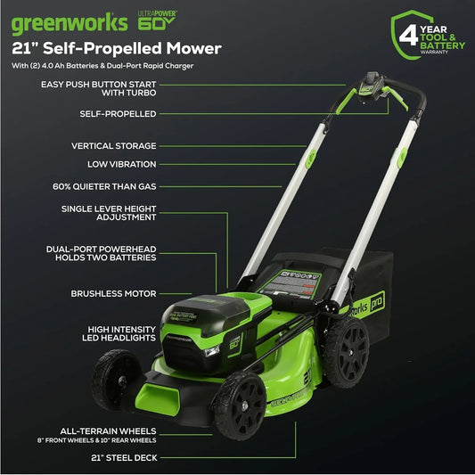 60V 21" Cordless Self-Propelled Lawn Mower, 2 x 4.0Ah Batteries & Dual Port Rapid Charger