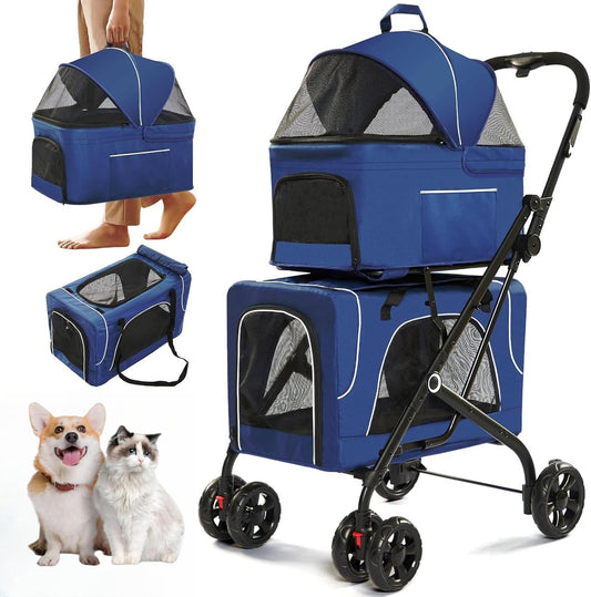 Double Dog Stroller with Detachable Carriers, Foldable Pet Cart for Small & Medium Pets (Blue)