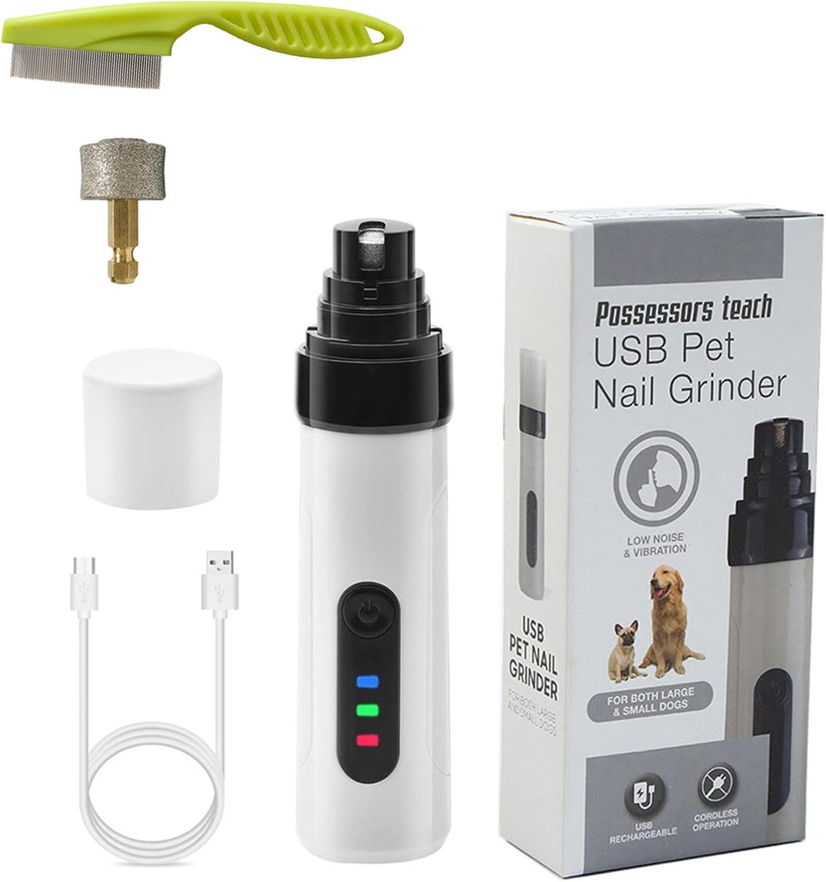 Silent Pet Nail Grinder for Dogs & Cats, Rechargeable with Replaceable Grinding Heads
