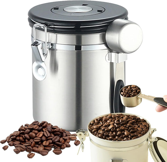 1.8L Stainless Steel Vacuum Coffee Canister with Valve & Spoon, Airtight Storage for Beans & Tea
