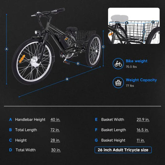 26 Inch Adult 3 Wheel Electric Tricycle with Basket, Fat Tires,7 Speeds,350W Powerful Motor, 36V 10Ah Removable Battery ���ゆ�� Dark Gray