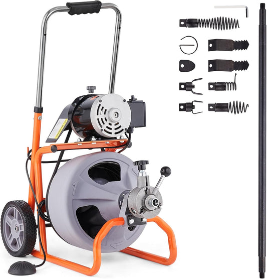 75FT x 3/8" Drain Cleaning Machine, Automatic Feed with Roller Winch, Portable, 8 Cutters & Pneumatic Foot Switch, For 2"-4" Pipes
