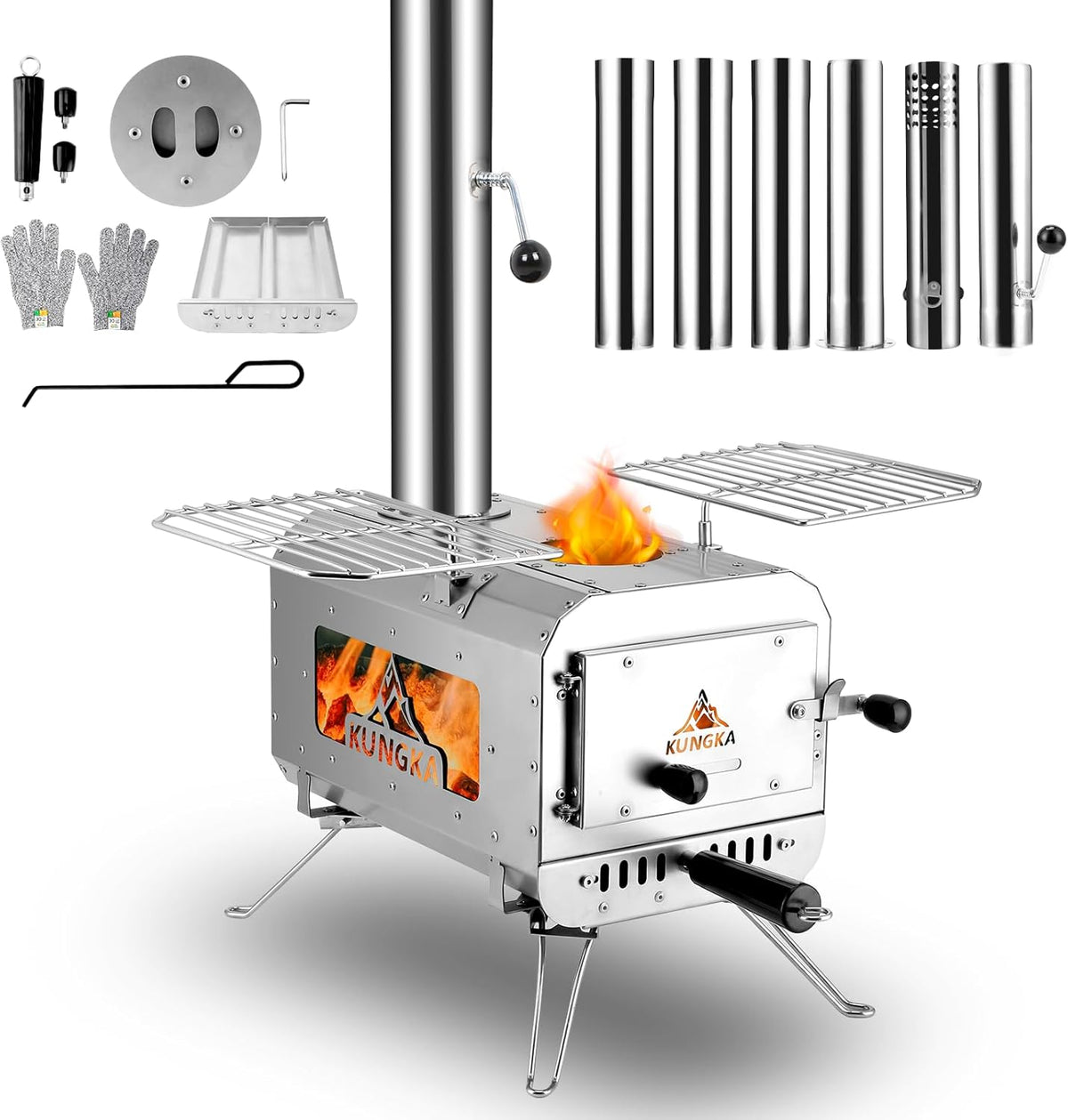 7.3ft Portable Stainless Steel Wood Burning Stove, 6 Chimney Pipes, for Outdoor Heating & Cooking