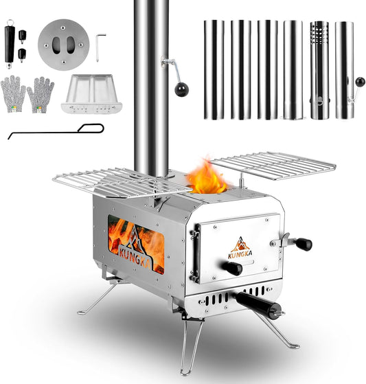 7.3ft Portable Stainless Steel Wood Burning Stove, 6 Chimney Pipes, for Outdoor Heating & Cooking
