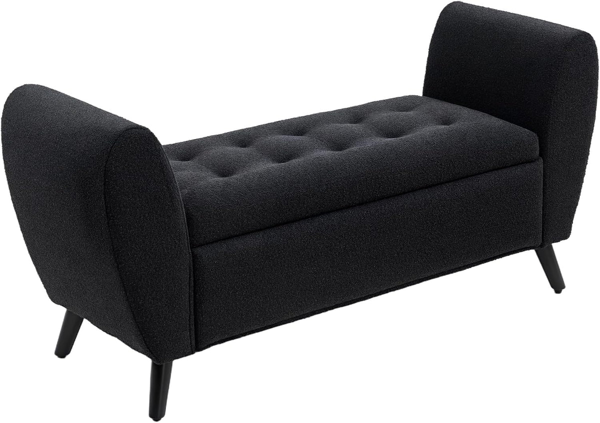 Modern Reclining Storage Bench with Armrests, Upholstered Accent Chair for Bedroom & Living Room (Cream)