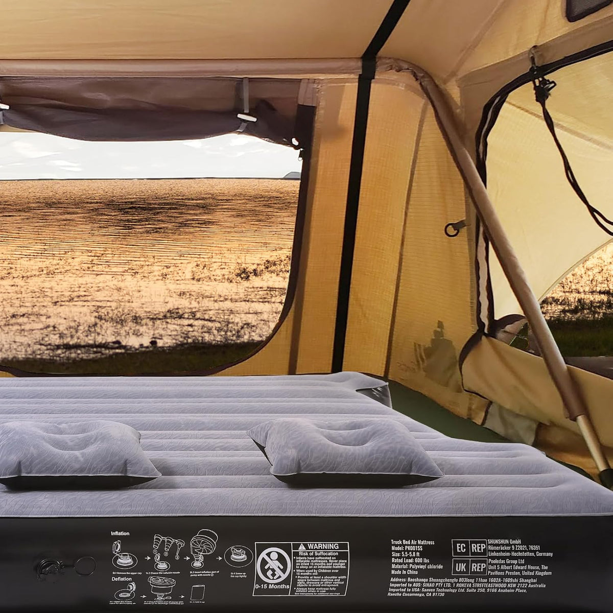 Full-Size Truck Bed Air Mattress 5.5–5.8ft, 12V Pump, 2 Pillows & Carry Bag