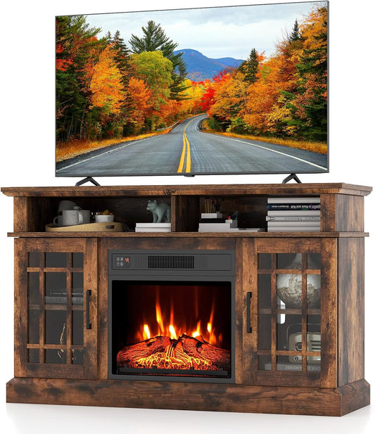 Electric Fireplace TV Stand for TVs Up to 55", Fireplace Entertainment Center with Cabinet & Adjustable Shelves, Remote Control (White)