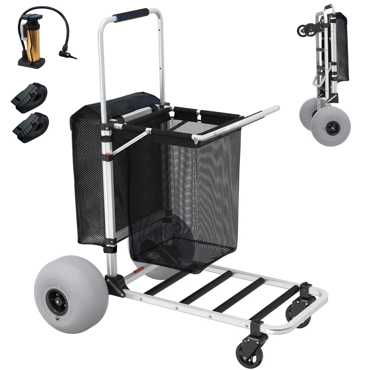 Foldable Beach Cart with Adjustable Handle 12" Balloon Wheels, Heavy Duty Aluminum, 220LBS Capacity