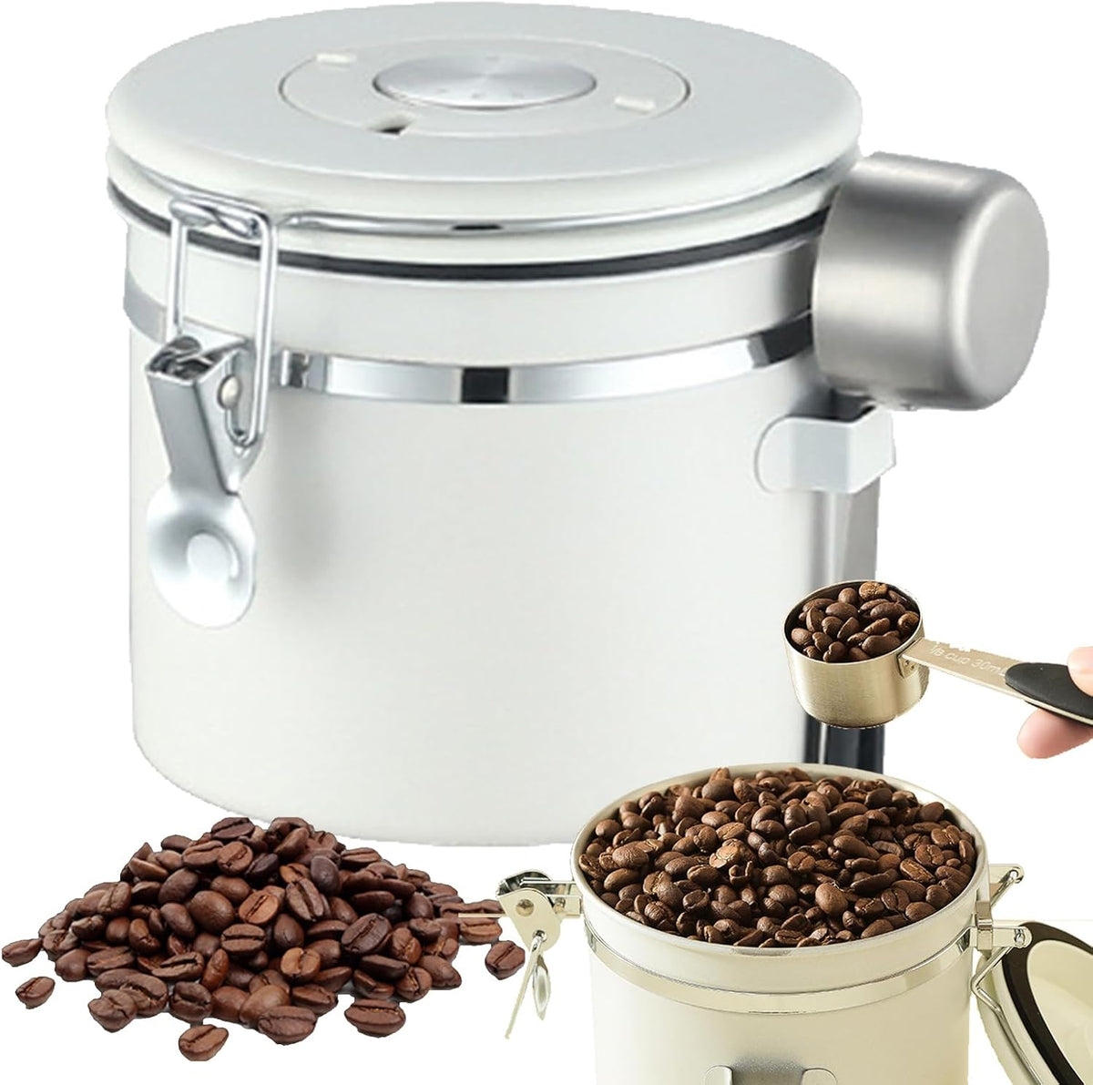 1.8L Stainless Steel Vacuum Coffee Canister with Valve & Spoon, Airtight Storage for Beans & Tea