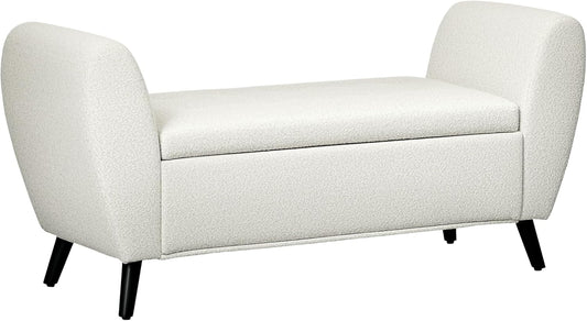 Modern Reclining Storage Bench with Armrests, Upholstered Accent Chair for Bedroom & Living Room (Cream)