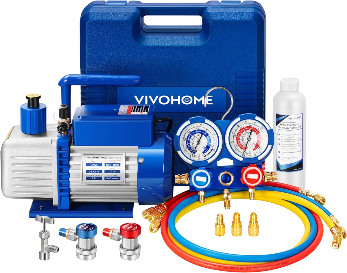 4 CFM 1/3 HP Single Stage HVAC Vacuum Pump & R134a Manifold Gauge Kit
